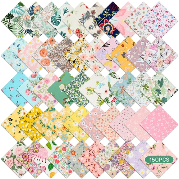 150Pcs 5" x 5" Quilting Cotton Fabric Squares Sheets Precut Assorted Pattern Craft Fabric for DIY Sewing Scrapbooking Quilting Craft Patchwork