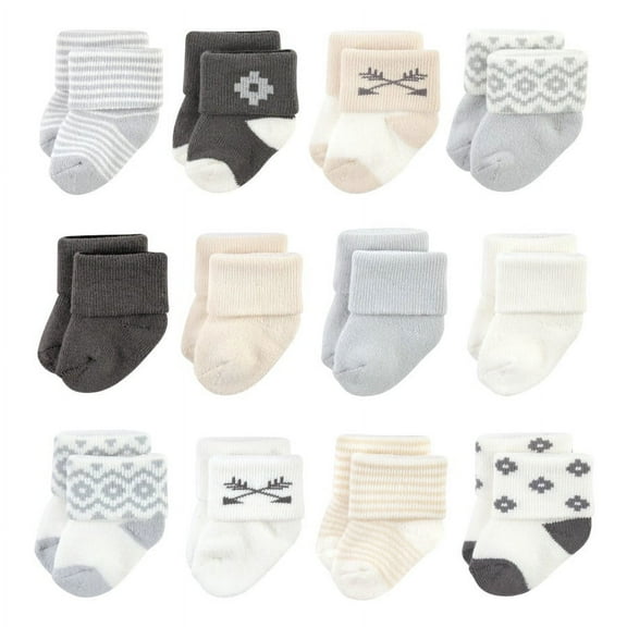 Hudson Baby Cotton Rich Newborn and Terry Socks, Gray Arrows 12-Pack, 6-12 Months