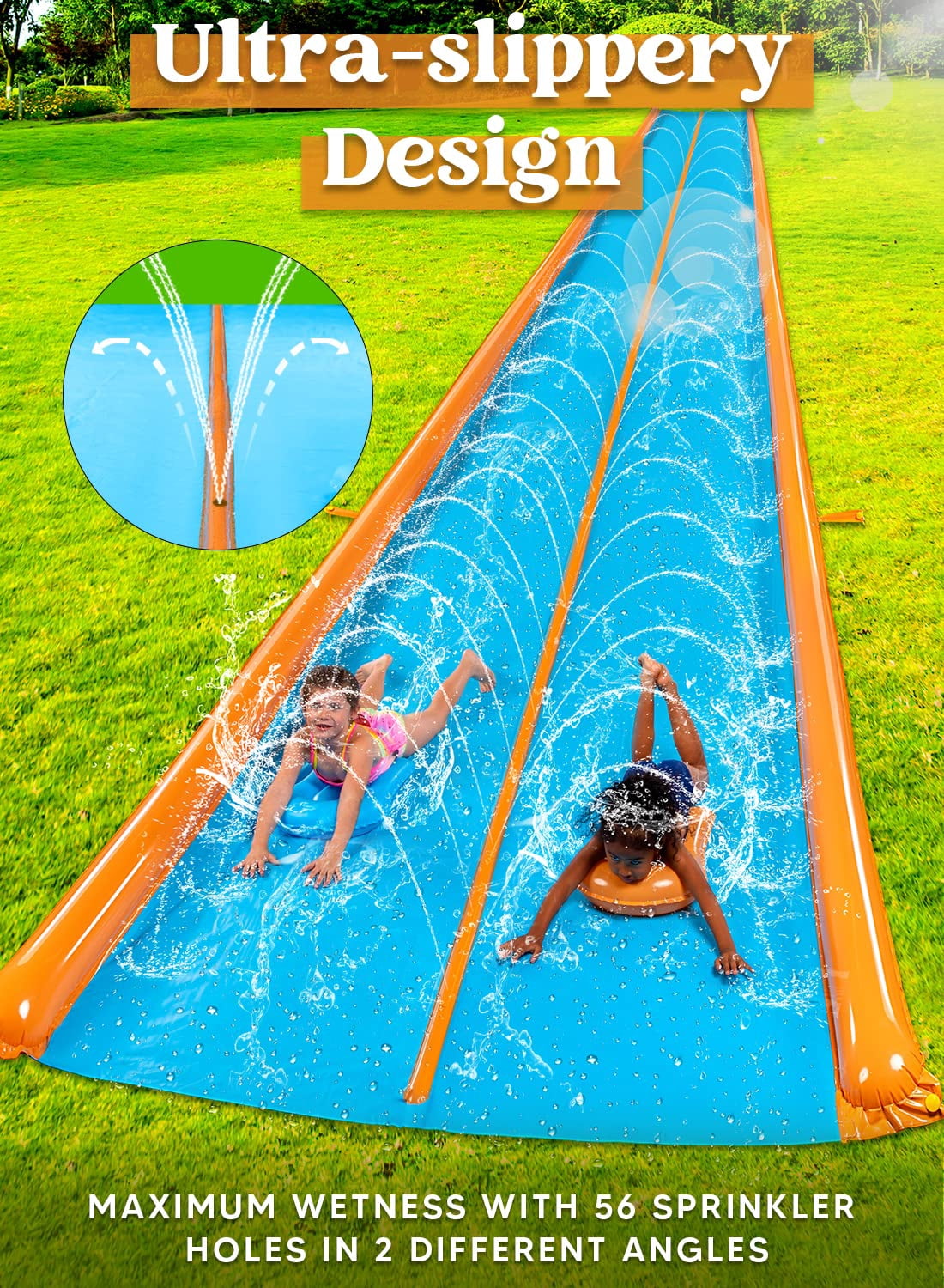 Joyfy 25ft x 6ft Double Water Slide for Kids, Heavy Duty Lawn Water Slide with Sprinkler and 2 Slip Inflatable Boards for Summer Yard Lawn Outdoor Water Play Activities