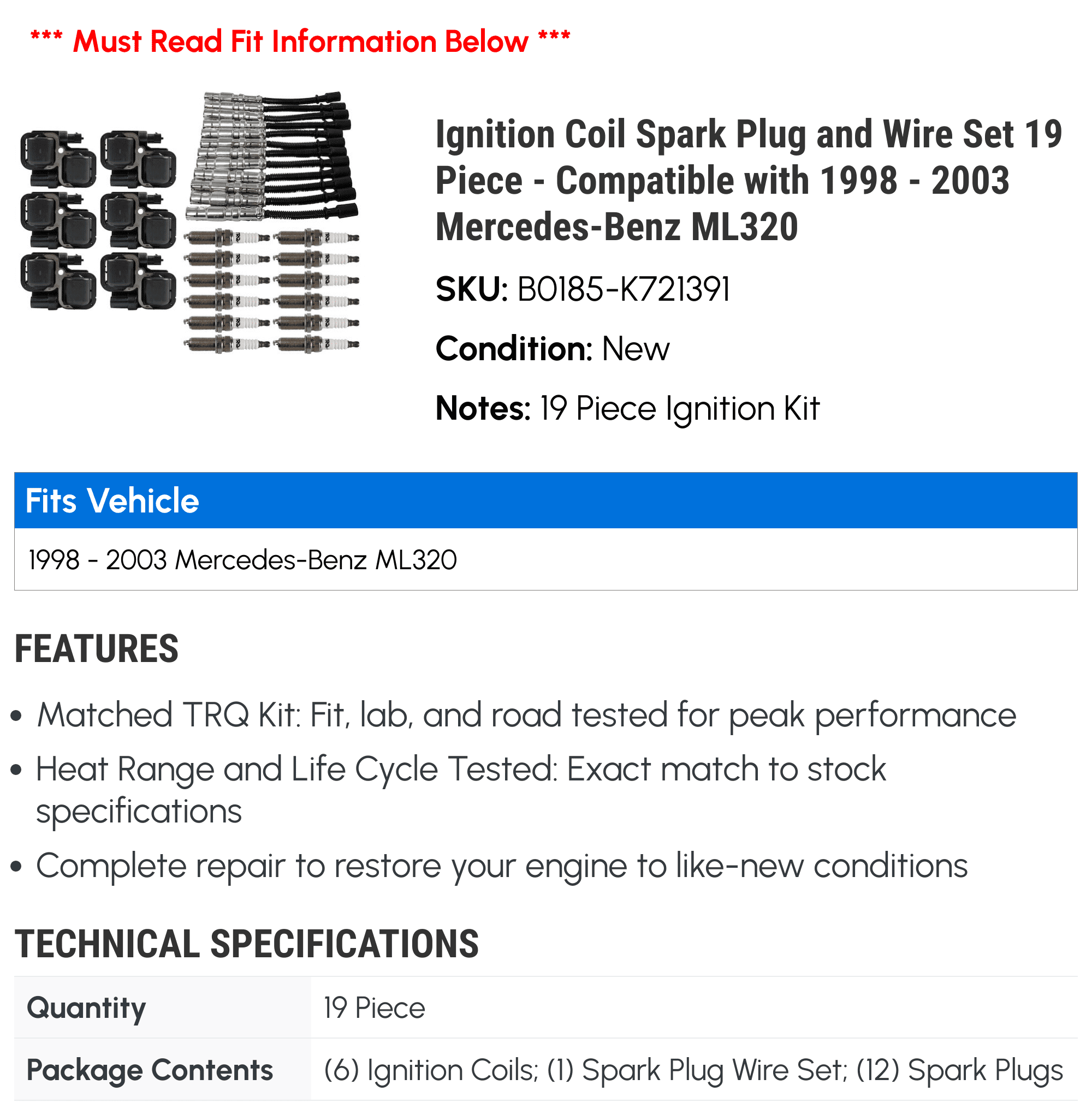 Ignition Coil Spark Plug and Wire Set 19 Piece - Compatible with 1998 - 2003 Mercedes-Benz ML320 1999 2000 2001 2002