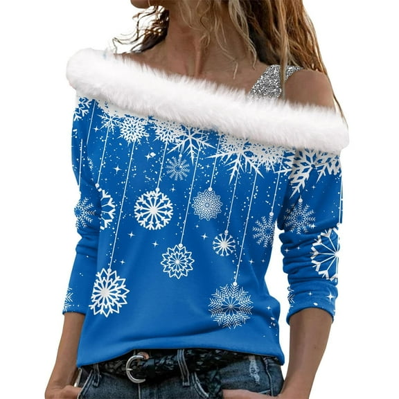 ICHUANYI Womens Trendy Christmas Shirts Off Shoulder Long Sleeve Pullover Sweatshirt Tops Christmas Gifts