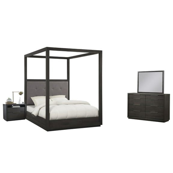 Outbound 4PC Queen Canopy Bed, Nightstand, Dresser & Mirror Set in Weathered Grey