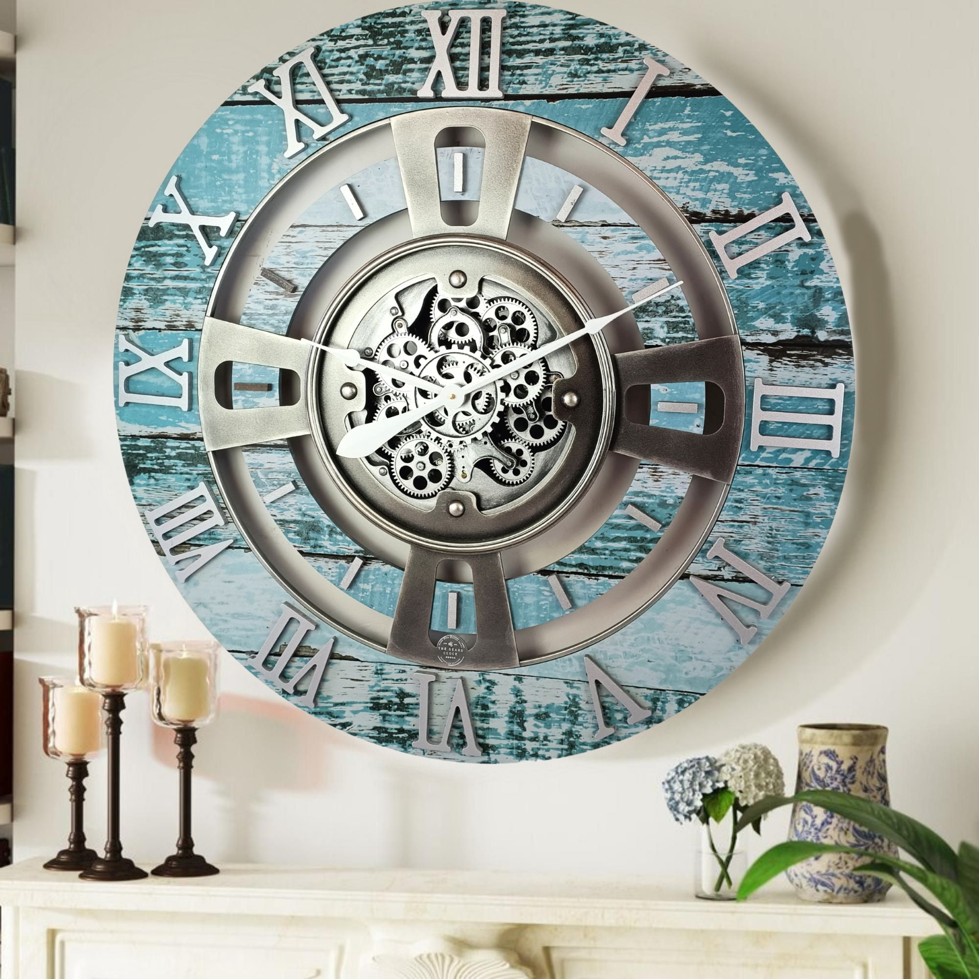 THE GEARS CLOCK Wall Clock with Real Moving Gears EN-LI_ 24 in Round Aqua-Green