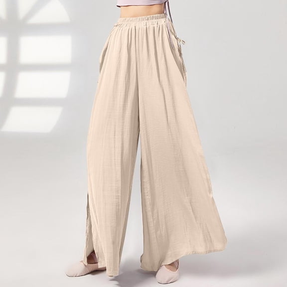 Patlollav Womens Loose Pants Solid Color Casual Pleated Ribbon Split Straight Leg Wide Leg Pants Yoga Leggings