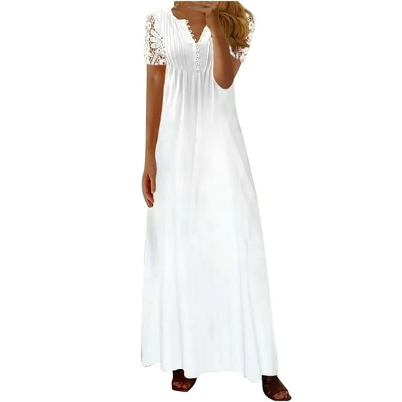 Women's Elegant Summer Maxi Dresses Floral Lace Short Sleeve Empire Waist Floor Length Casual Beach Long Dress (X-Large, White)