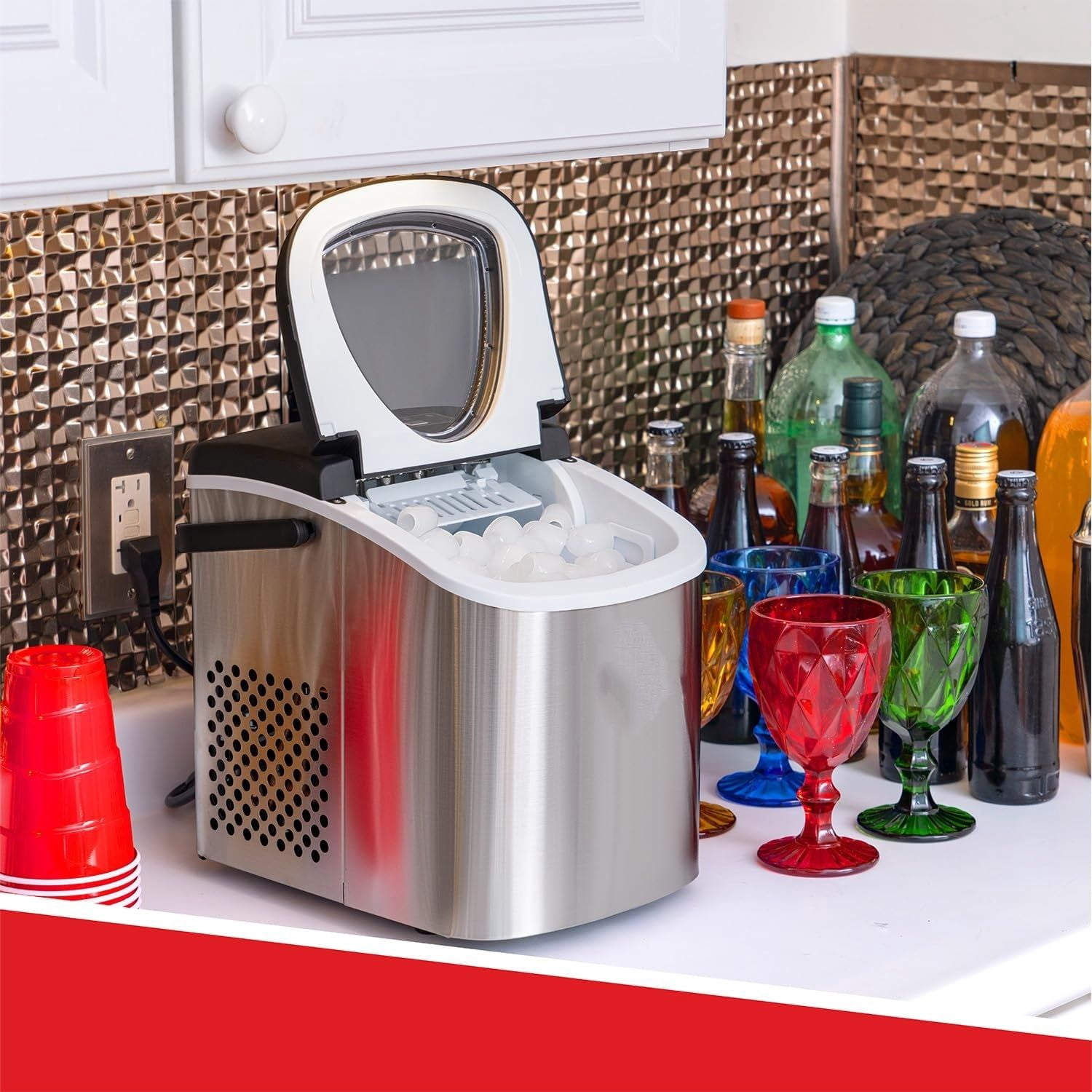 Compact Countertop Ice Maker, 26LBs in 24HRs, 9 Bullet Ice Cubes Ready in 6 Minutes, Lightweight and Portable with Handle, Ice Basket, and Ice Scoop, Stainless Steel