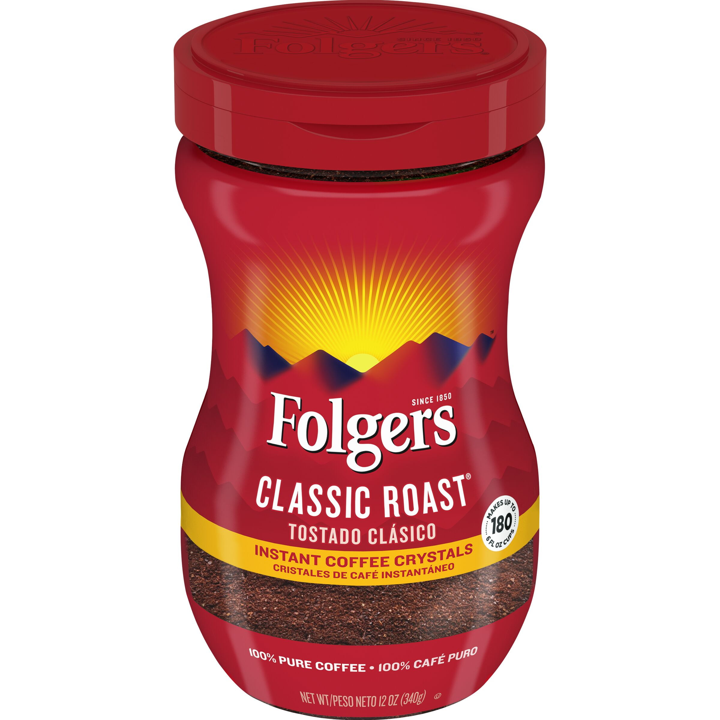 Folgers Classic Roast Instant Coffee Crystals, 12 Ounce Easy-Open Flip-Top Jar