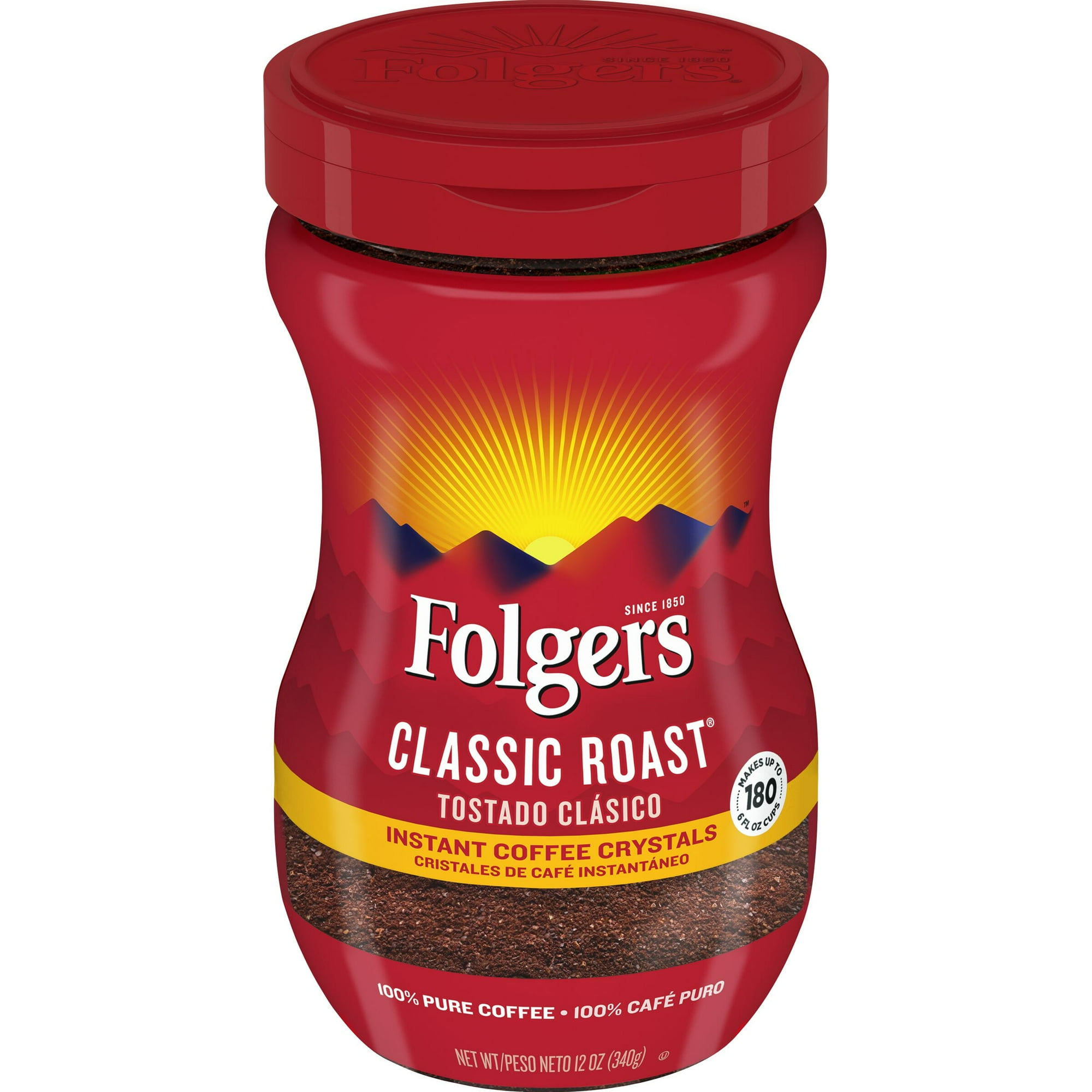 Folgers Classic Roast Instant Coffee Crystals, 12 Ounce Easy-Open Flip-Top Jar