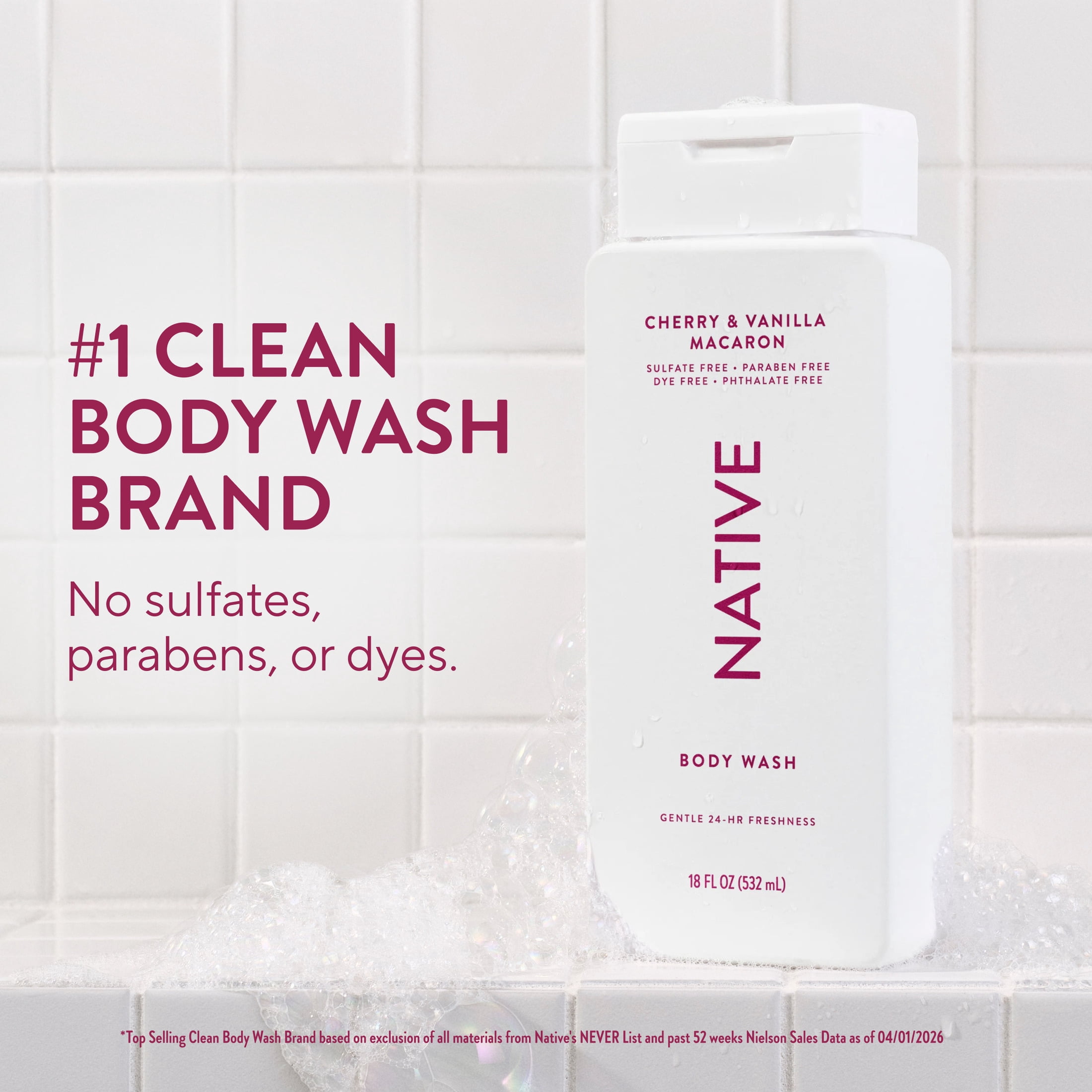Native Body Wash for Women and Men, Sulfate Free, Cherry & Vanilla Macaron, 18 fl oz