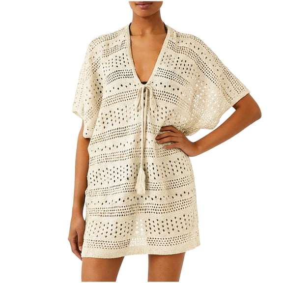 MOJOGO Crochet Cover Up for Women Deep V Neck Drawstring Shirt Coverups Summer Boho Beach Dress for Swimwear Bathwear Beige L