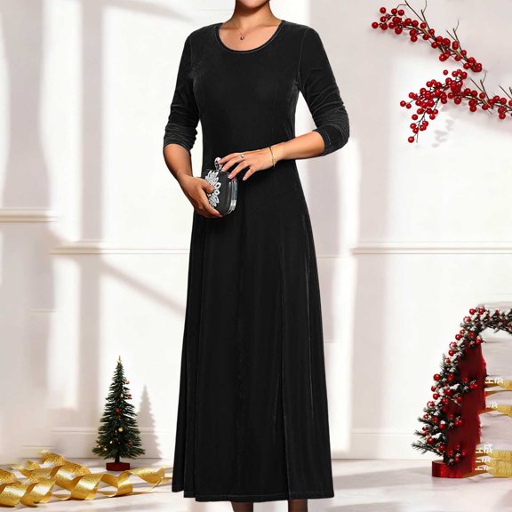 Christmas Dresses for Women Velour Long Sleeve Dresses Women Black Dress A-line Dress Party Dresses Fall and Winter Dresses for Women