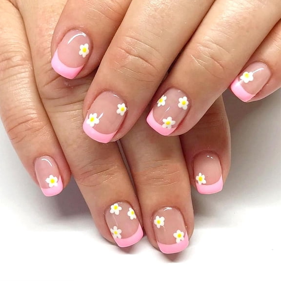 Spring Press on Nails Short Square Fake Nails White French Tip Nails Press ons Glossy Glue on Nails Nude Full Cover False Nails with White Flower Designs Artificial Stick on Nails for Women 24Pcs