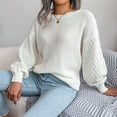 thumbnail image 2 of Women Knit Sweater Lantern Sleeve Round Neck Soft Breathable Loose Fit Lady Casual Top for Autumn Winter White M, 2 of 6