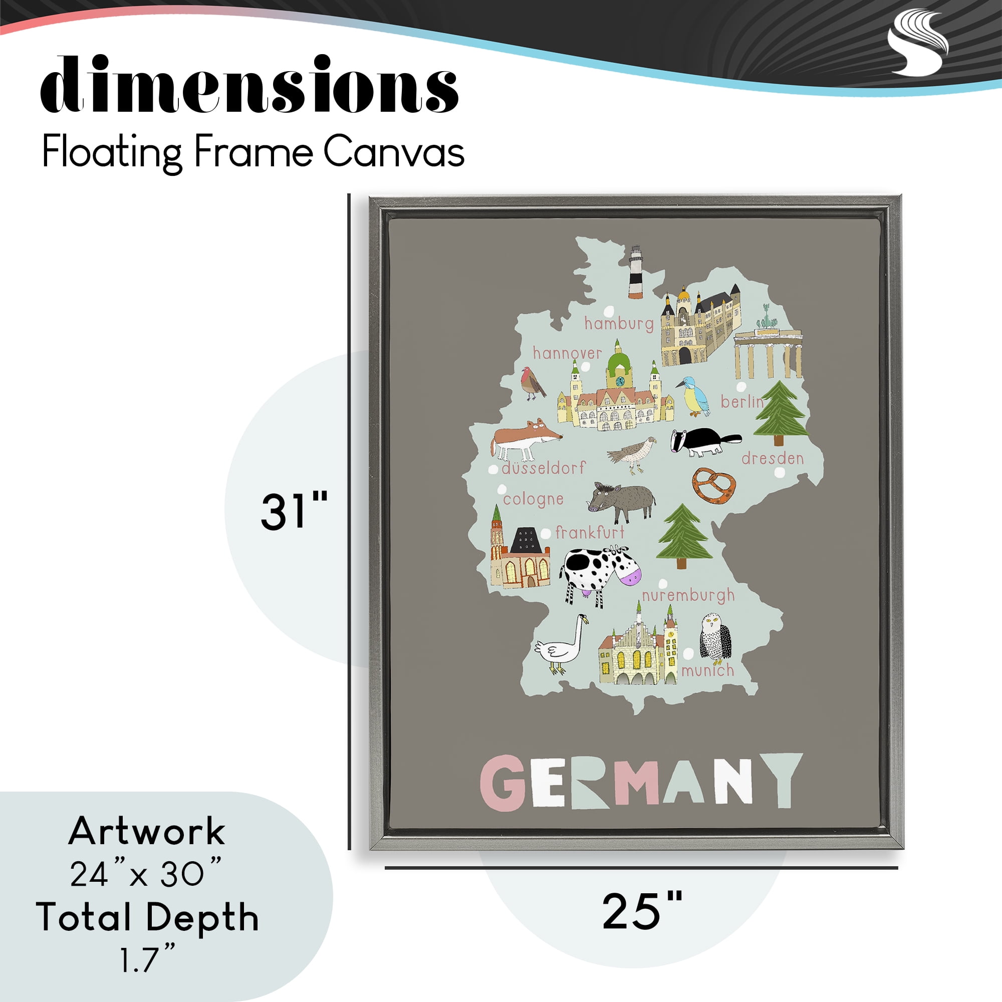Kid's Map of Germany Gray Framed Floater Canvas Wall Art, design by Carla Daly