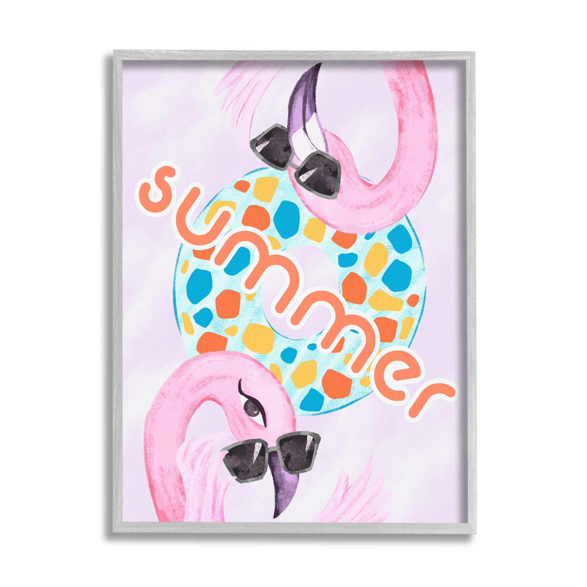 Stupell Industries Pink Summer Flamingos Pool Float Tropical Sunglasses Graphic Art Gray Framed Art Print Wall Art, Design by Ziwei Li