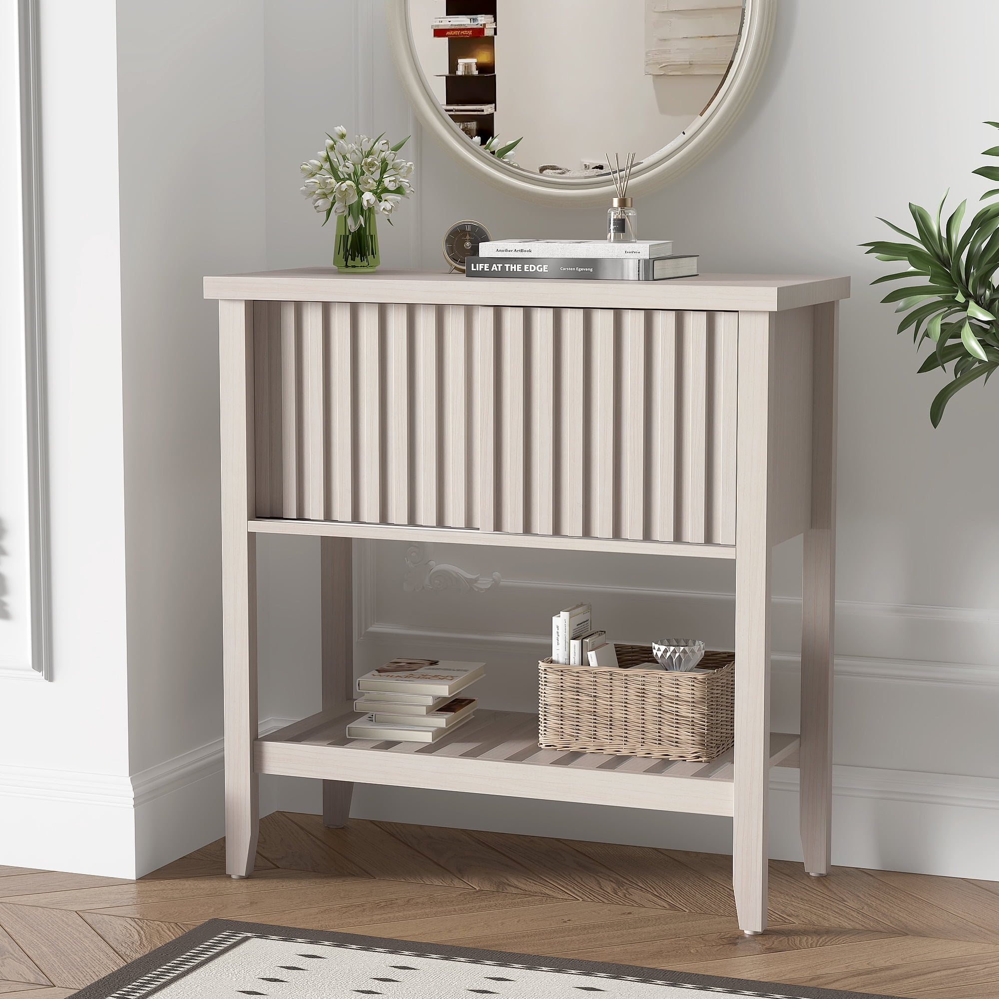 31.5" Entryway Console Table with Sliding Drawer Doors and Storage Shelf for Hallway, Living Room, or Office,Beige