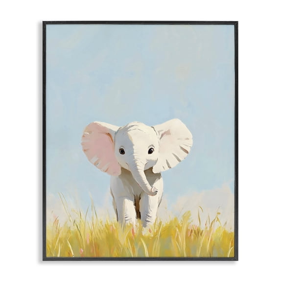 Stupell Industries Cottage White Baby Elephant in Grass Black Framed Giclee Art, 11 x 14, by The Prints Vibe