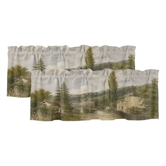 Vintage Rustic Curtain Valances for Windows, Kitchen Valance Window Treatments Panel 2 Pack, Farmhouse Pastoral Trees Village Path Rod Pocket Short Curtains for Bathroom Bedroom 42 x 12 Inch
