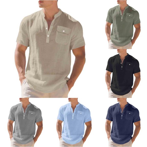 CUSTG Men Tshirts Summer Linen T Shirt Loose Casual Workwear Short Sleeve Tops Stylish Solid Color T-Shirts