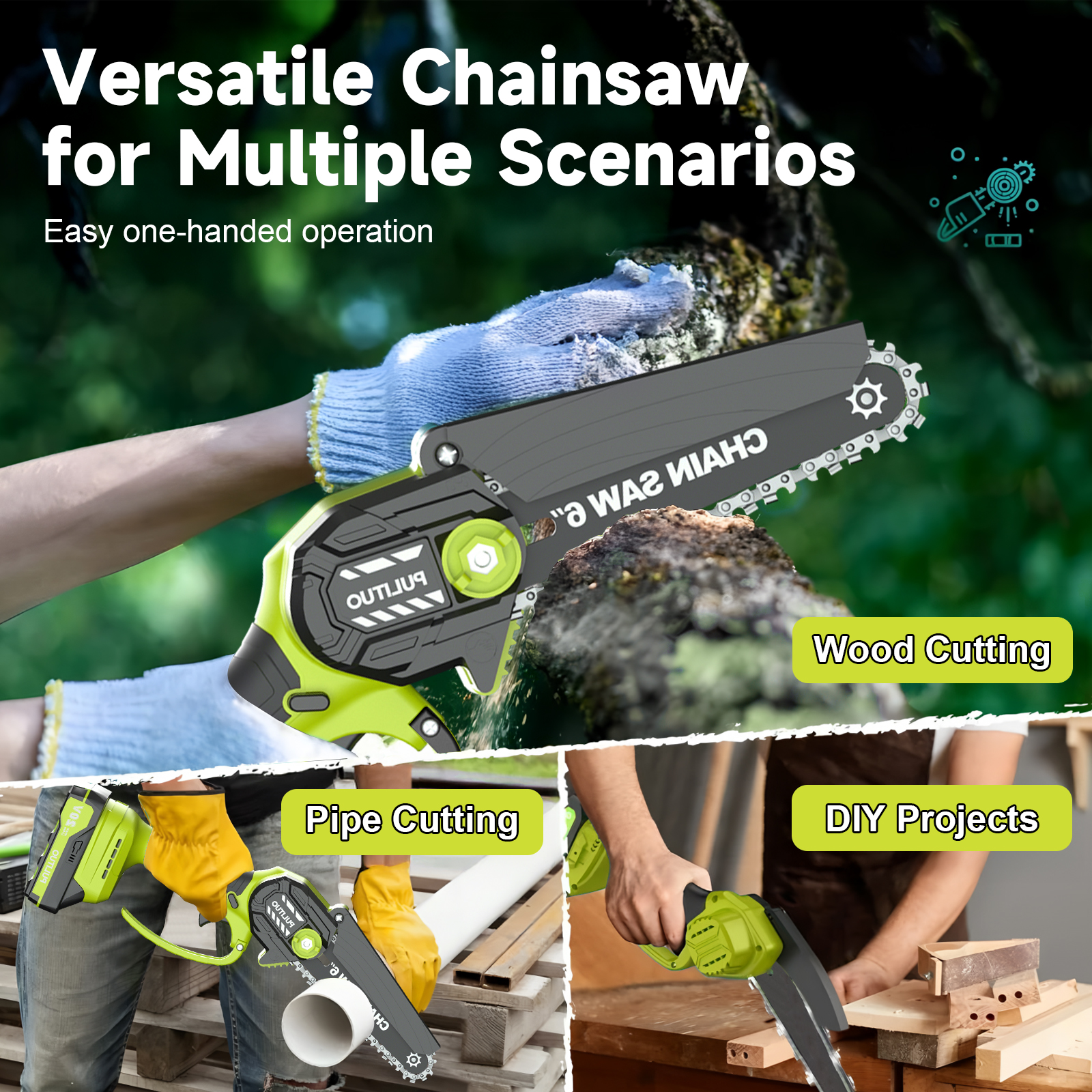 Mini Cordless Chainsaw 6-Inch, Electric Handheld Brushless Saw with 2 Batteries, Portable for Wood Cutting, Tree Trimming, Garden, Yard Work
