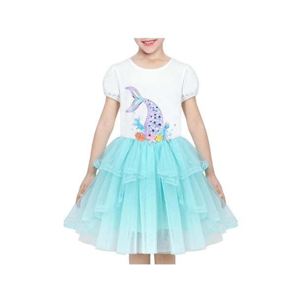 Vestido de Niña Azul Sirena Princess Bordado Lentejuelas Tul Manga Corta 5 Años
