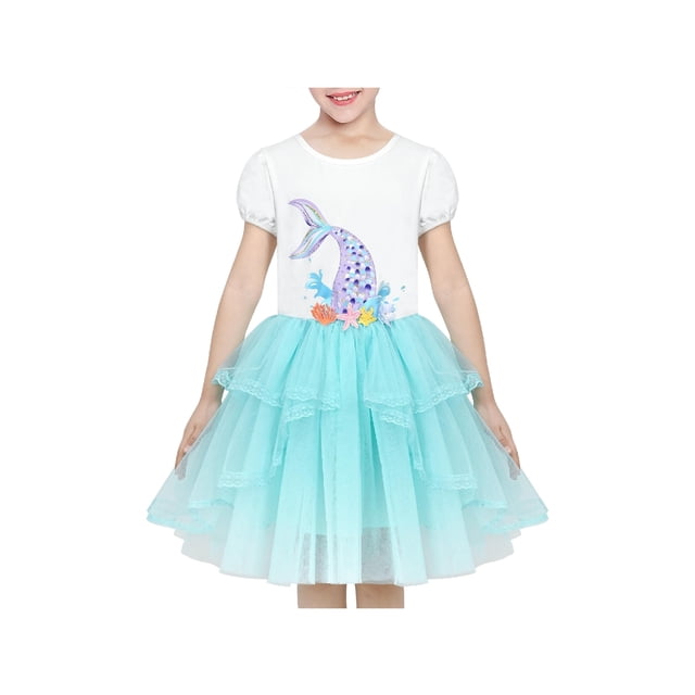 Vestido de Niña Azul Sirena Princess Bordado Lentejuelas Tul Manga Corta 5 Años