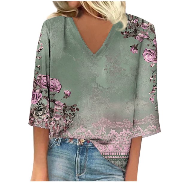 Blusa de Manga Corta Mujeres Cuello en V de Verano Impreso, Top Regular Casual Sexy para el Hogar Y el Uso Diario