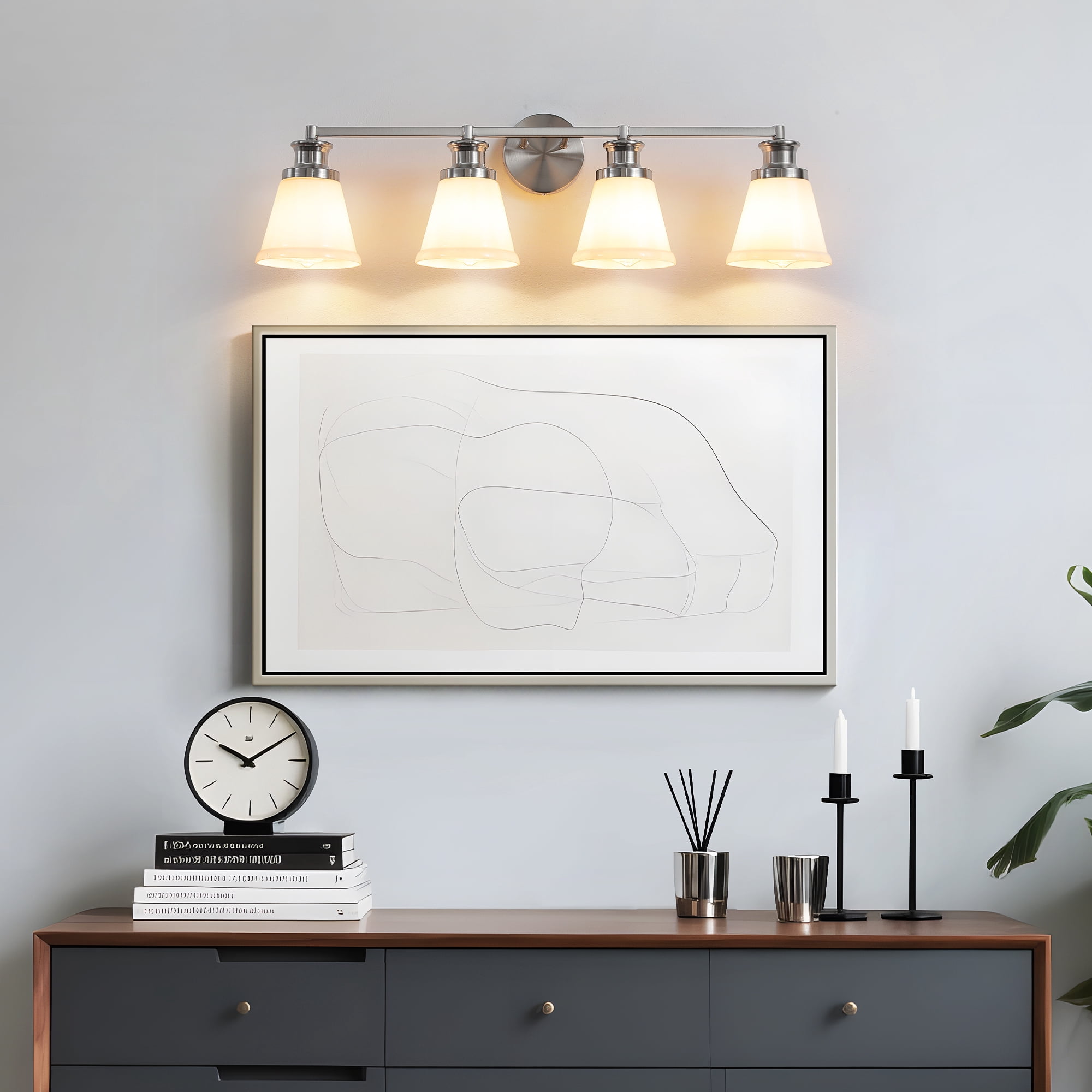 Bathroom Vanity Light Fixtures 4 Lights Modern Bathroom Lighting Fixtures Over Mirror with Frosted Milky Glass Shade Brushed Nickel Wall Sconce for Bath Bedroom