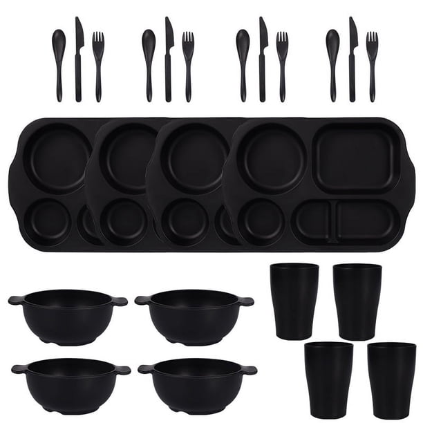 Nvzi 24Pcs Wheat Straw Dinnerware Cutlery Sets, Divided Plates Unbreakable Bowl Microwave Dishwasher Safe Tableware Cutlery -Black