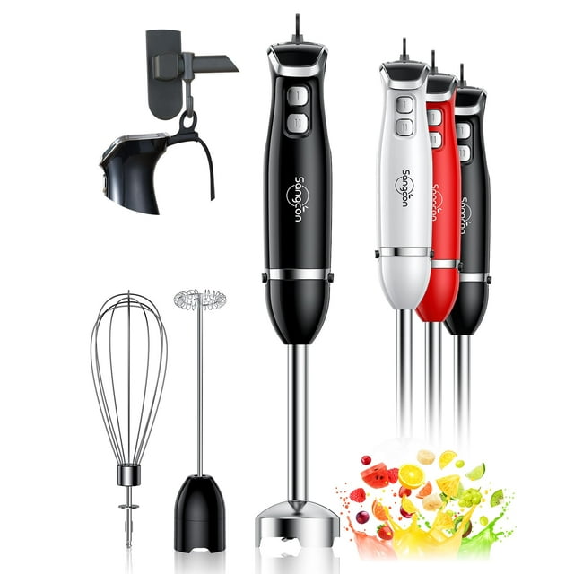 Sangcon Batidora de Inmersión de Mano, Batidora de Mano Eléctrica 3 en 1, Batidora de Mano de 400 W, Batidora de Varilla con Hoja de Acero Inoxidable con Batidor, Accesorios para Espumador de Leche -
