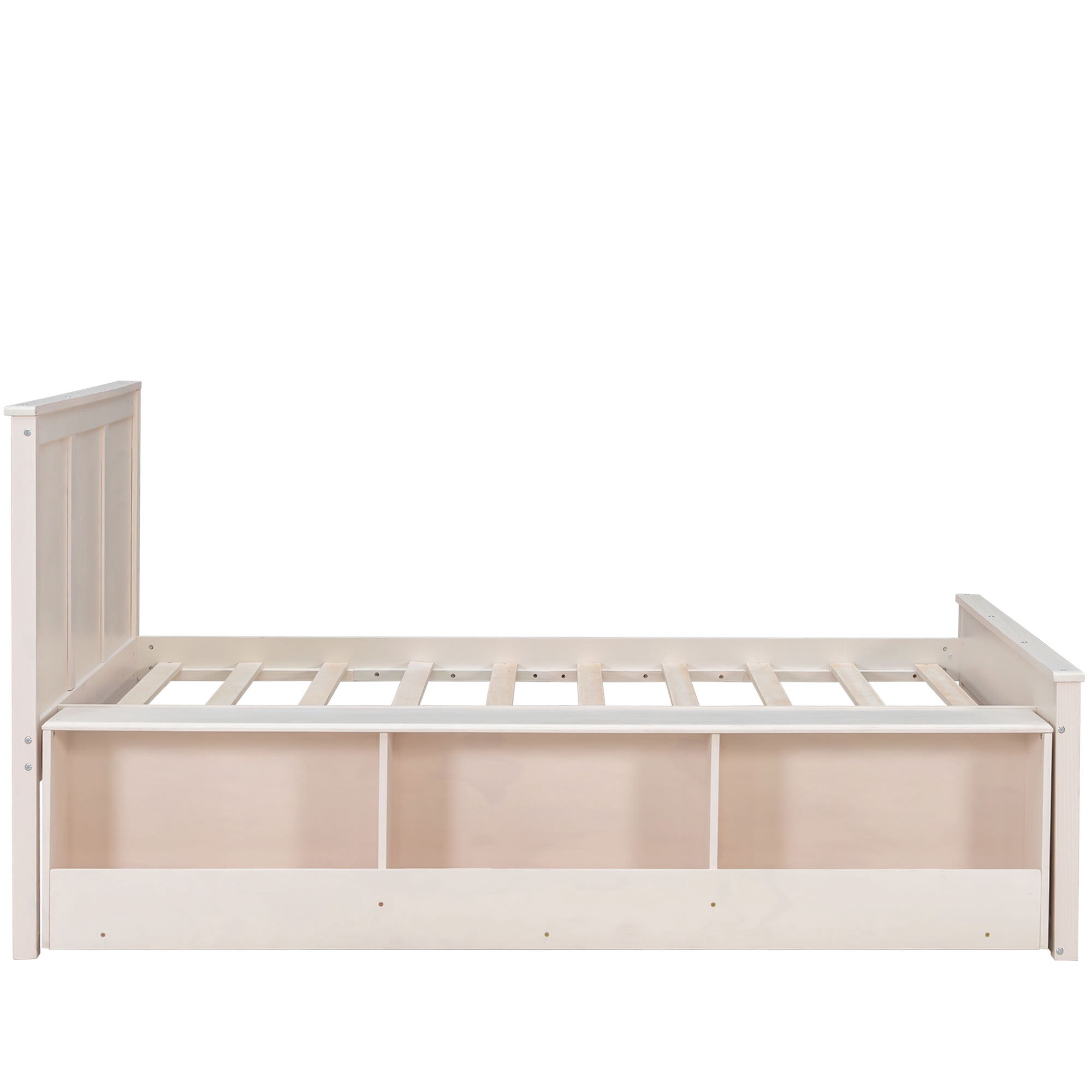 Euroco Wood Twin Size Platform Bed with Trundle and Storage Cabinets, Cream White
