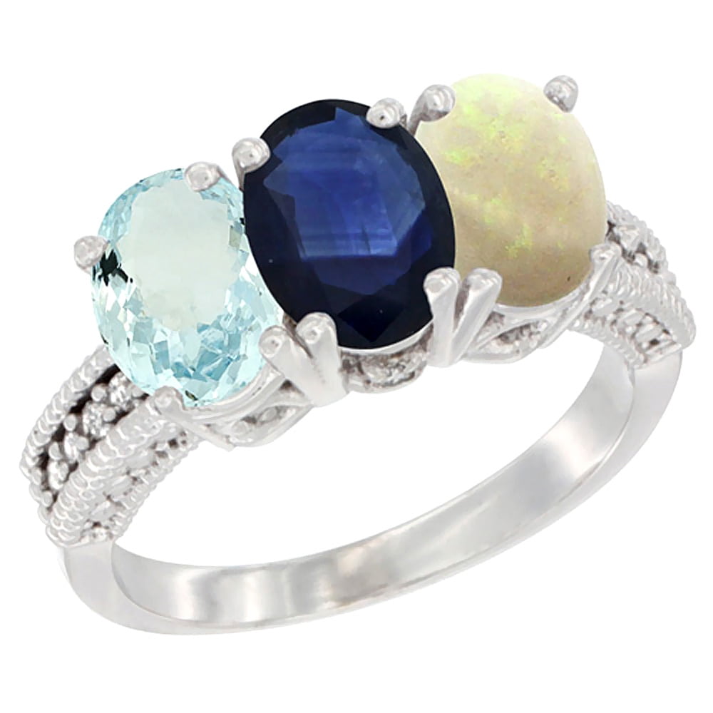 14K White Gold Natural Aquamarine, Blue Sapphire & Opal Ring 3-Stone Oval 7x5 mm Diamond Accent, sizes 5 10 by WorldJewels