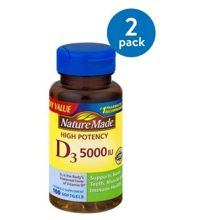 (2 Pack) Nature Made D3 5000 IU High Potency Softgels Everyday Value, 100 (Best Vitamin D3 5000 Iu)