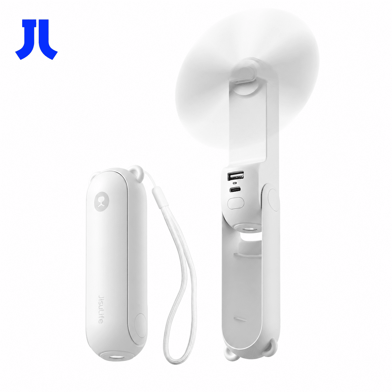 JISULIFE Portable Mini Fan, Rechargeable Handheld Fan, 19Hrs Runtime with Flashlight & Power Bank, 3 IN 1 Foldable Pocket Fan for Travel, Office, Gift for Women -White
