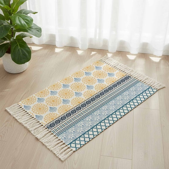 Area Rug with Tassels 2' x 3', Vintage Bohemian Yellow Geometric Stripes Kitchen Runner Rug for Hallway Bedroom Throw Rugs, Medieval Tribal Soft Door Mat for Bathroom Entrance Living Room