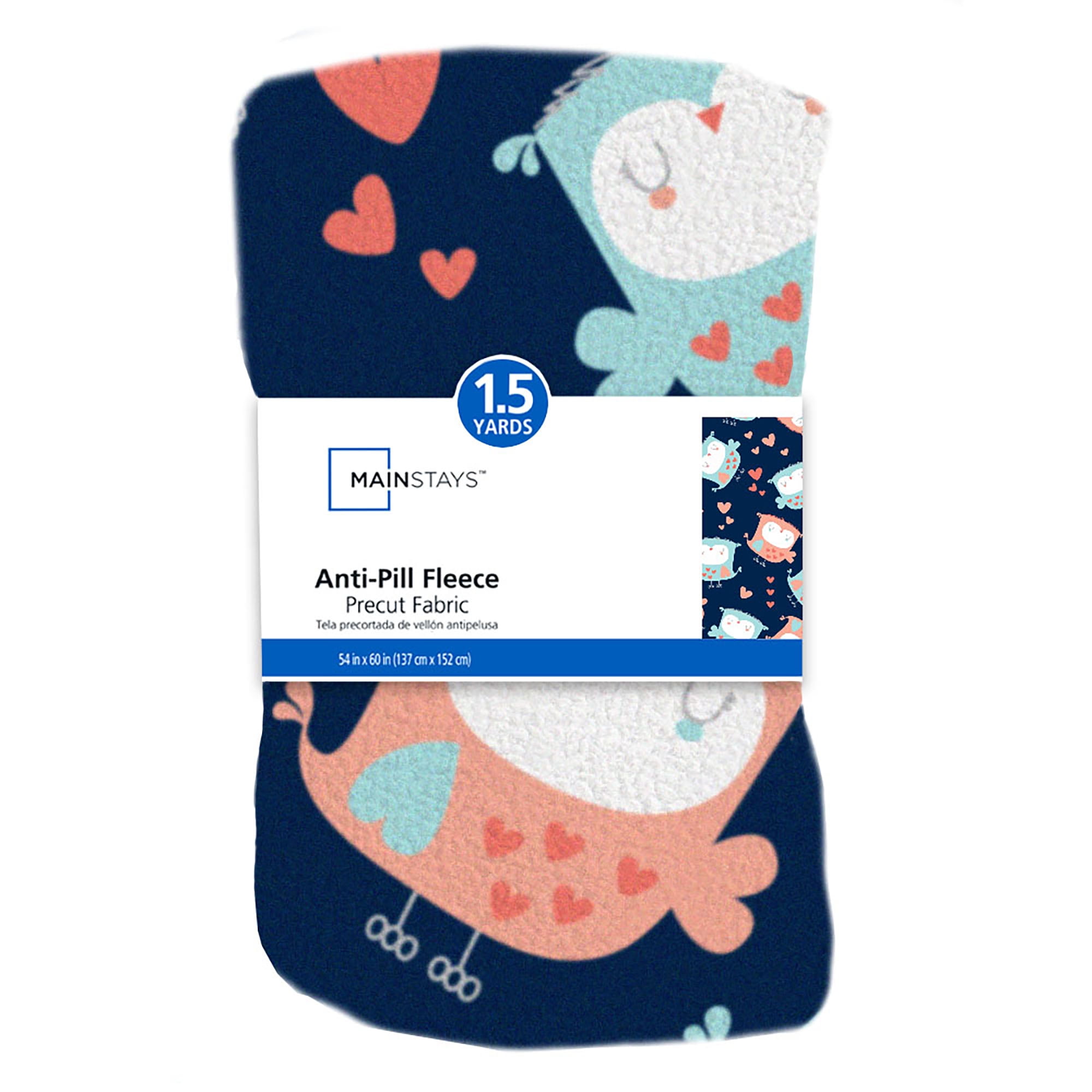Eugene Textiles, Mainstays Owls Navy Coral Anti- pill Fleece 60' x 1.5 YD 100% Polyester Pre-cut Fleece Fabric, Navy , crafted for time saver, no sew blanket project