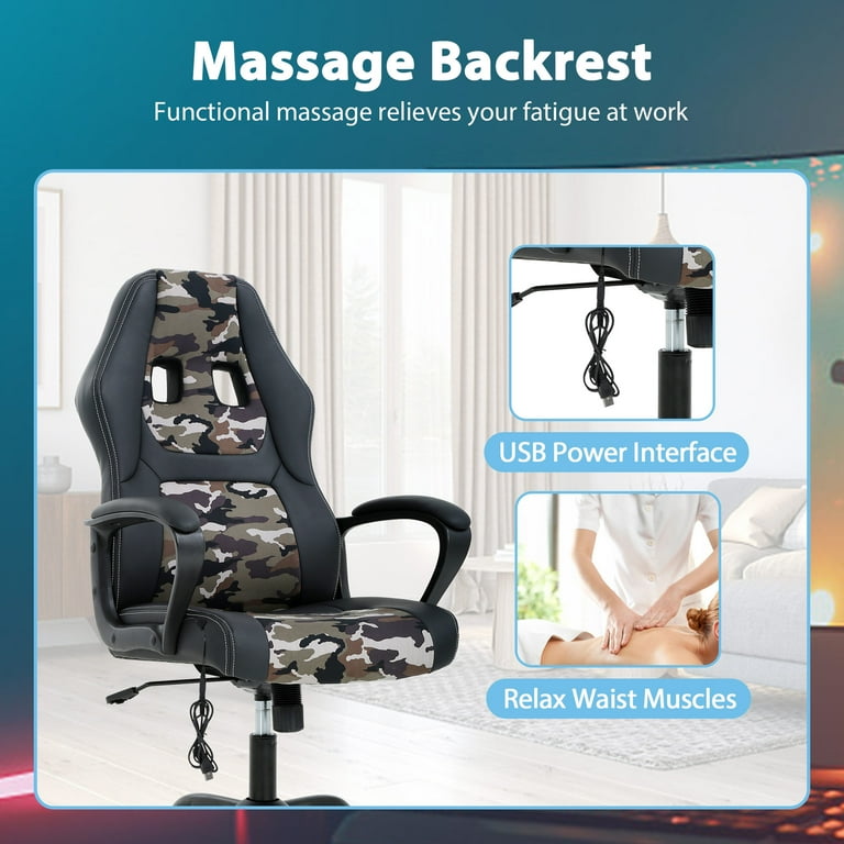 YRLLENSDAN Massage Gaming Chair Video Game for Adults, PU Leather Computer  Chair with Arms & Massaging Back Ergonomic High-Back Video Game Chair for  Men Women, Camo 