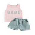 thumbnail image 1 of Little Girls Short Sleeve Tank Tops Ripped Denim Shorts Pants 2PCS Outfits Set, 1 of 6