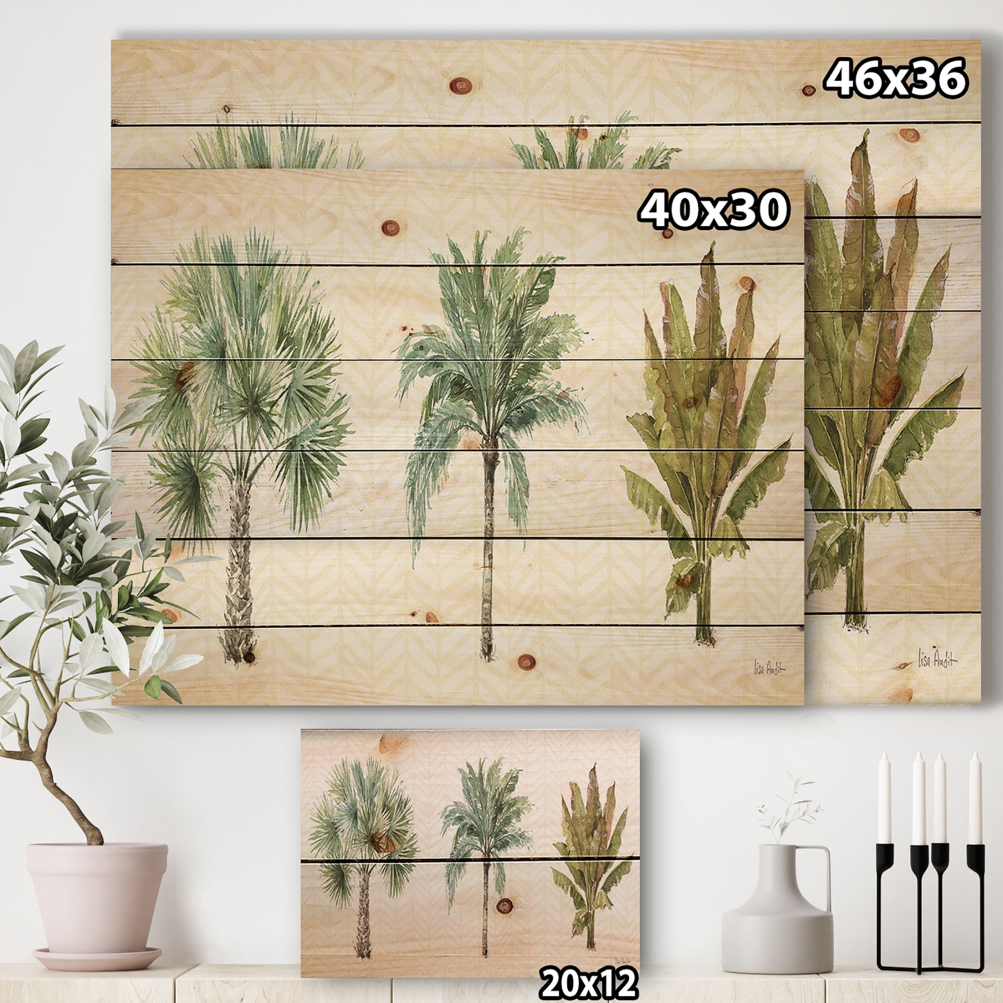 Designart 'Botanical Mixed Green Palms I' Farmhouse Print on Natural Pine Wood