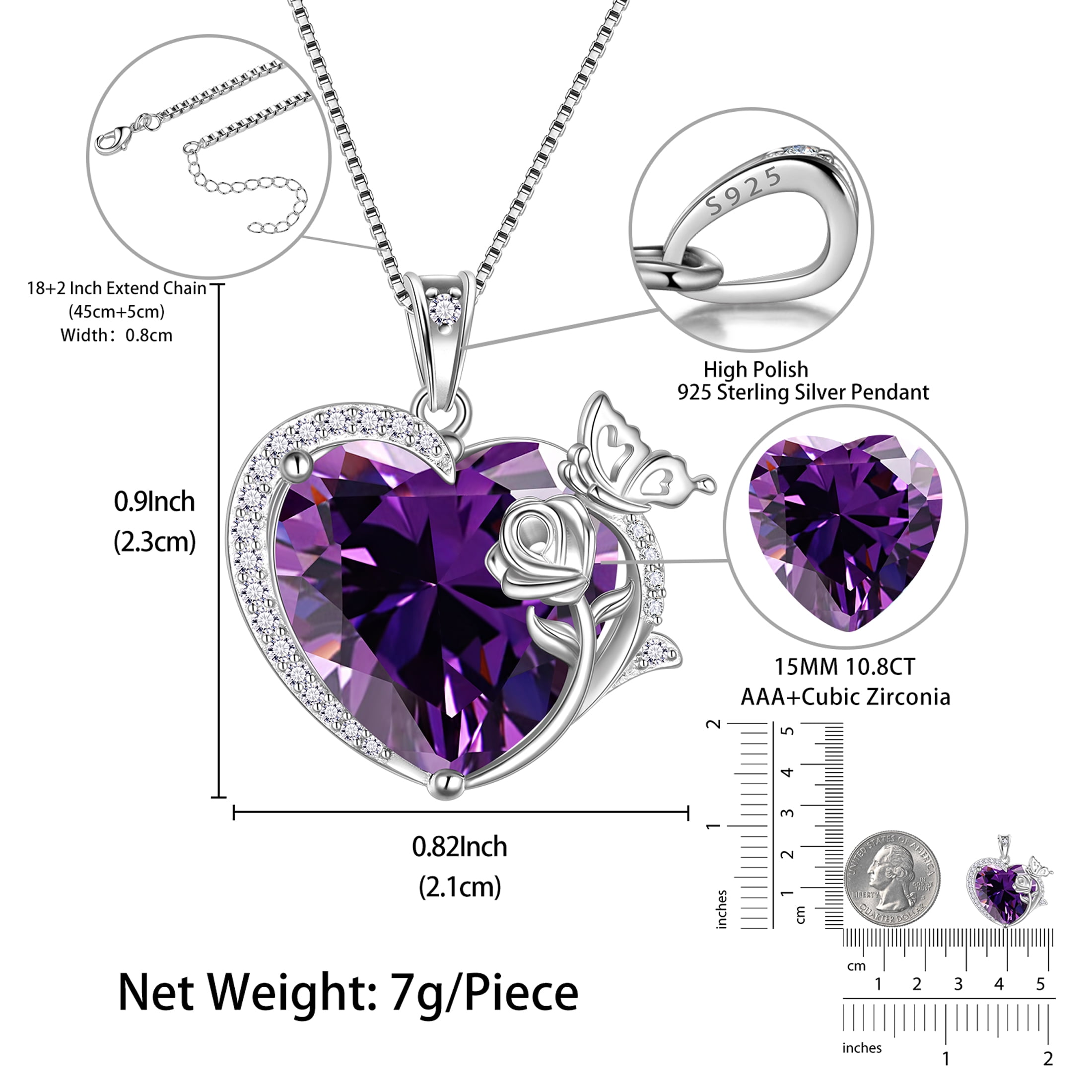 Juwaliy Women Heart Necklace Butterfly Rose Flower Pendant February Birthstone Amethyst Purple 925 Sterling Silver Jewelry Mom Valentine's Day Gifts