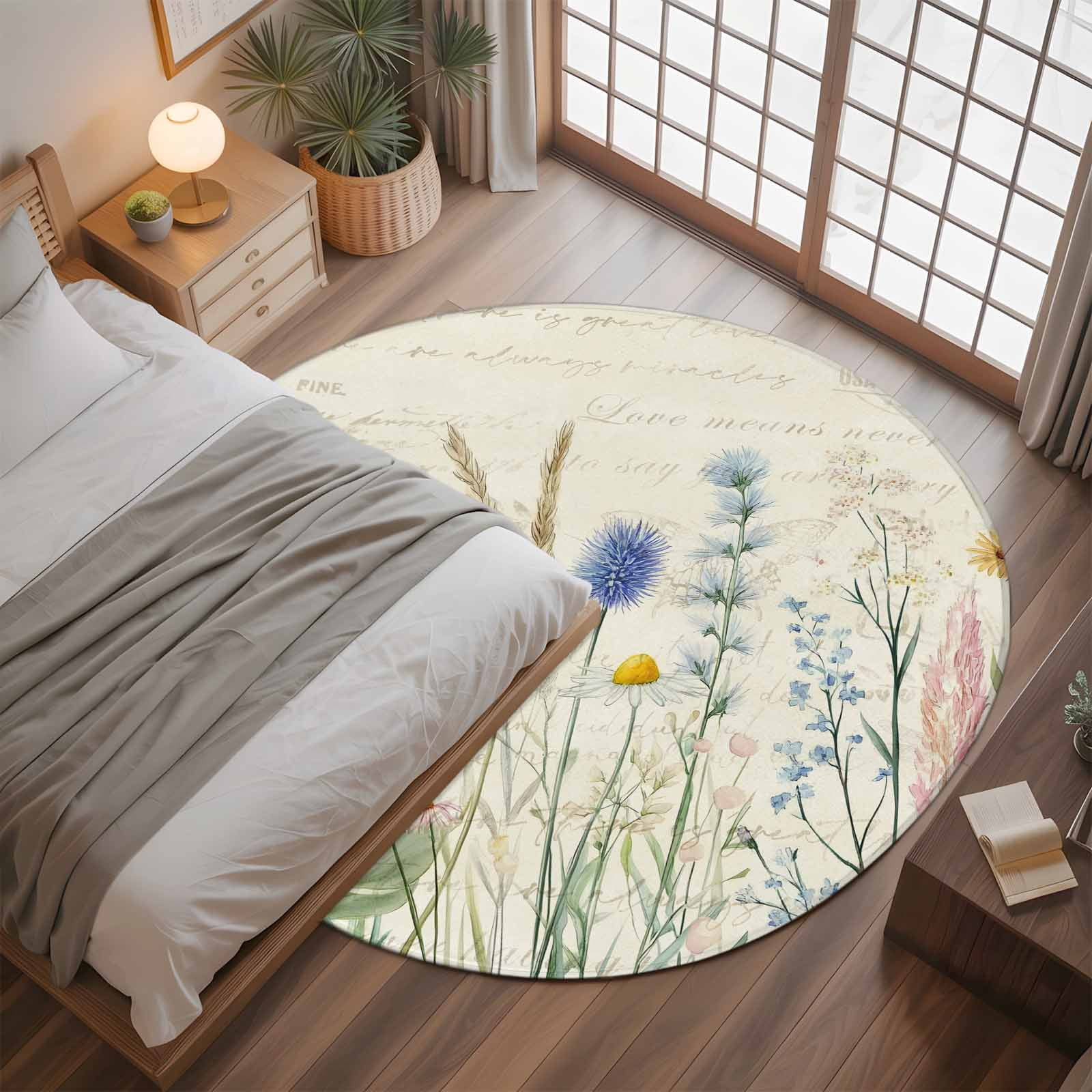 Spring Floral Round Rugs 4ft, Summer Farmhouse Vintage Botanical Non Slip Washable Rug Runner, Low Pile Indoor Floor Carpet Mat Bathroom Rugs for Living Room, Bedroom, Kids Room