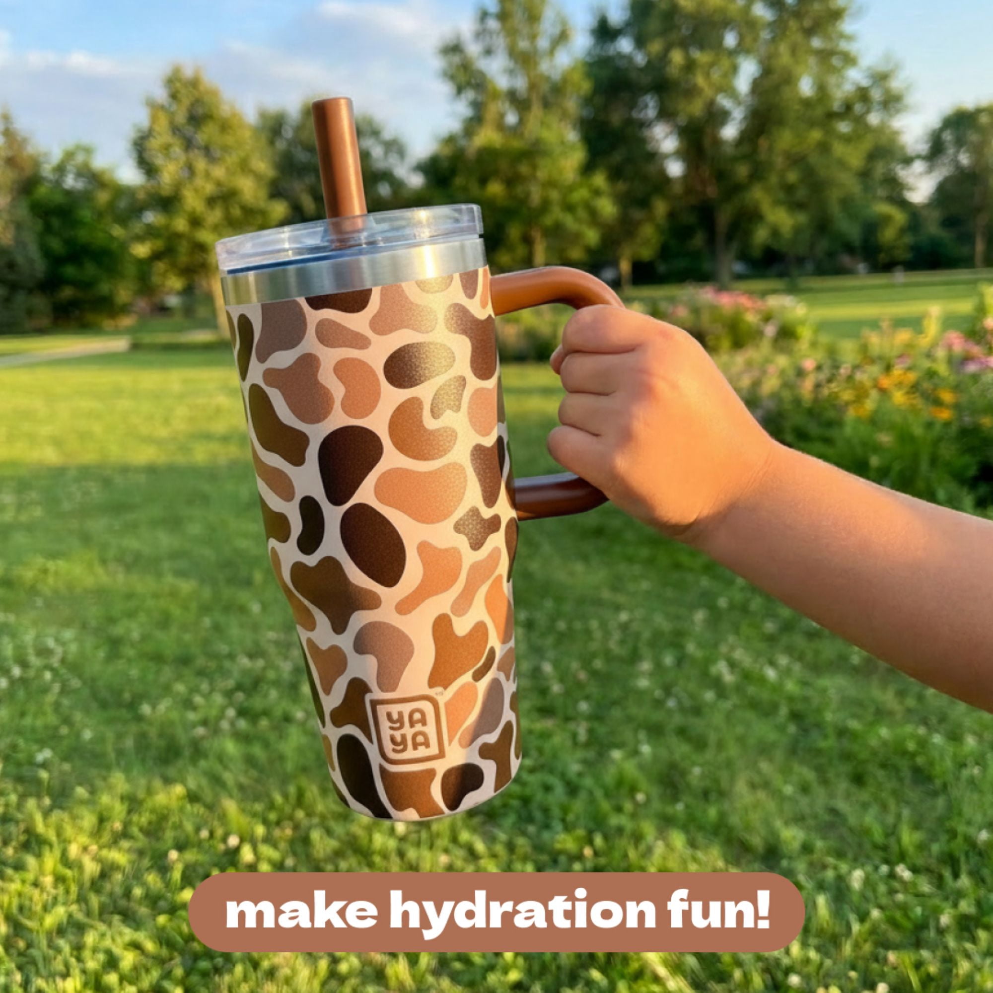 YAYA My First Travel Tumbler for Preschool & Kids 3+, Insulated Stainless Steel Tumbler with Reusable Silicone Straw & Spill-Proof Lid, Cup Holder Compatible, BPA-Free, 12oz, Brown Camo