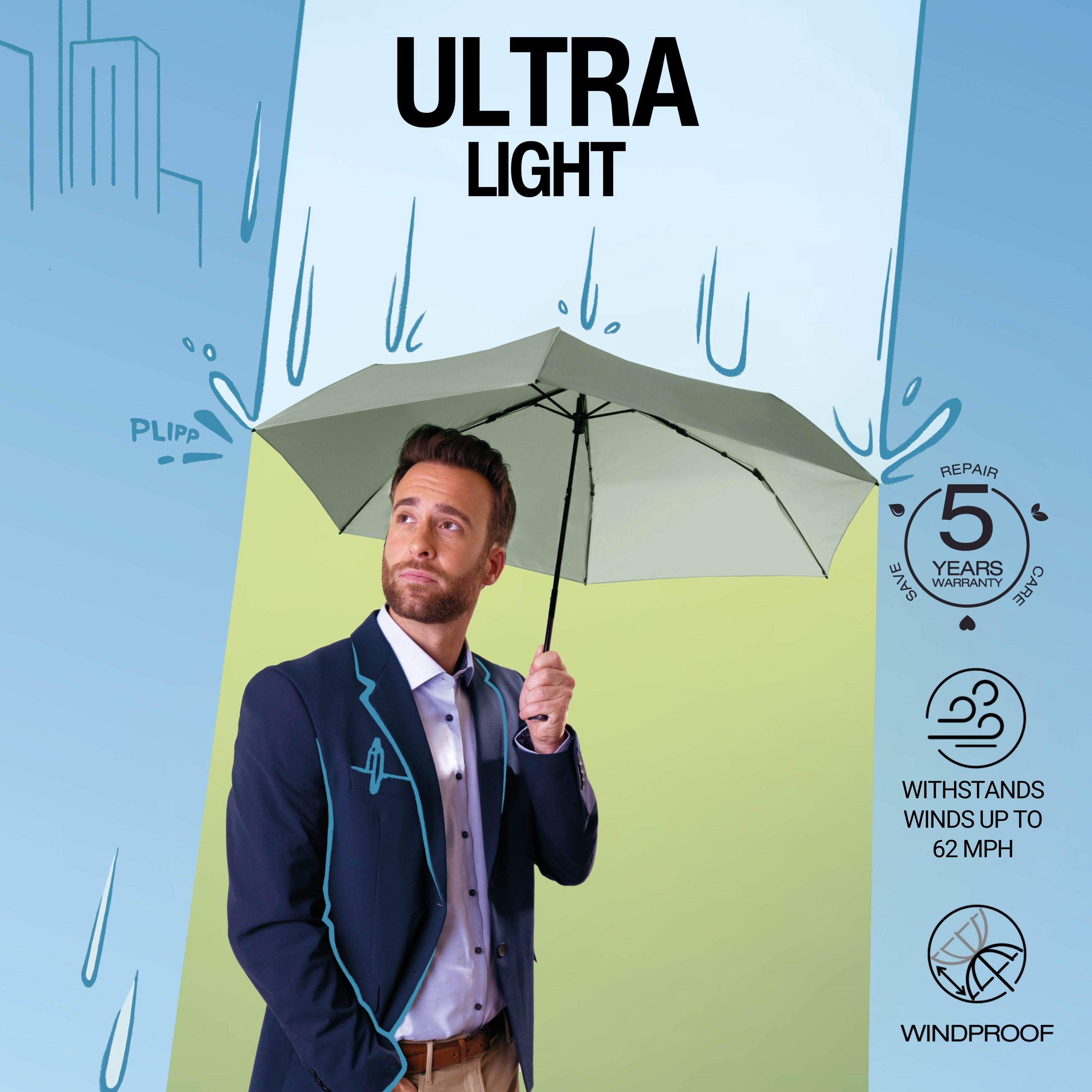 Knirps US.050 Ultra Light Pocket Size Manual Rain Umbrella in Cardamom – 4oz Portable Travel Umbrellas with 35" Quick Dry Canopy, Windproof up to 62mph, Matching Quick Dry Protective Cover Included