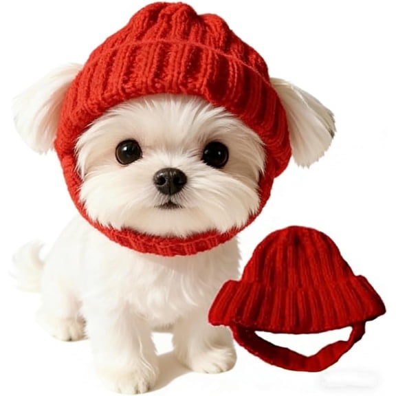 Red Knit Dog Beanie with Ear Flaps, Warm Winter Hat for Small Dogs & Cats, Cozy Stretchy Pet Hat for Holidays, and Outdoor Wear