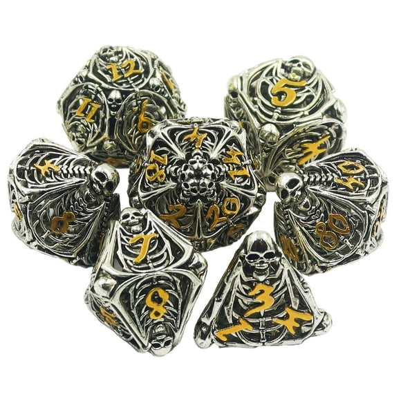 Juego de dados Dnd de calavera de metal Juego de dados de dragones y mazmorras poliédricos huecos Regalos Juego de dados de juego de rol de 7 cps con caja de regalo Adecuado para juegos de mesa D&D Ta