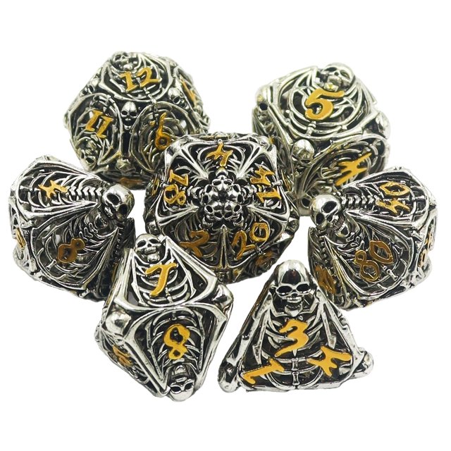 Juego de dados Dnd de calavera de metal Juego de dados de dragones y mazmorras poliédricos huecos Regalos Juego de dados de juego de rol de 7 cps con caja de regalo Adecuado para juegos de mesa D&D Ta