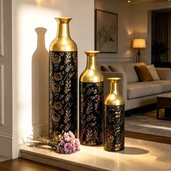 TheEshow Black & Gold Leaf Pattern Decorative Iron Floor Flower Vases Set of 3 for Home , LivingRoom, Entryway