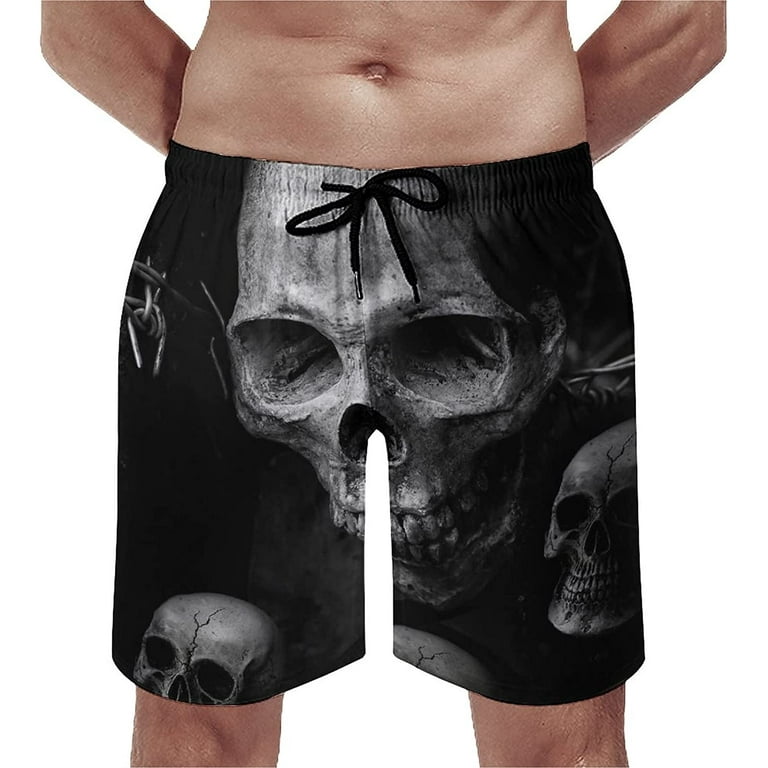 Men s Scary Dark Skull Swim Trunks Quick Dry Beach Pants Board Shorts Bathing Suits with Mesh Lining and Pockets S 3XL