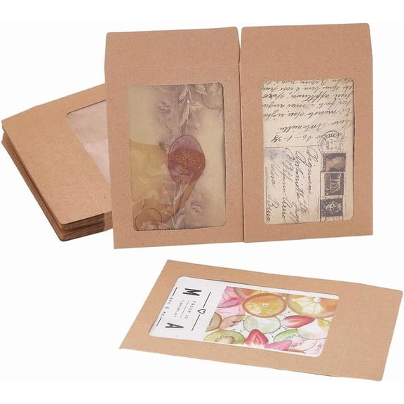 30pcs Paper Card Sleeves Brown Gift Cards Holders Kraft Greeting Cards Envelopes Photo Frame Envelopes with Window for Wedding Party Invitation Business Birthday 7.3x4.6 Inch