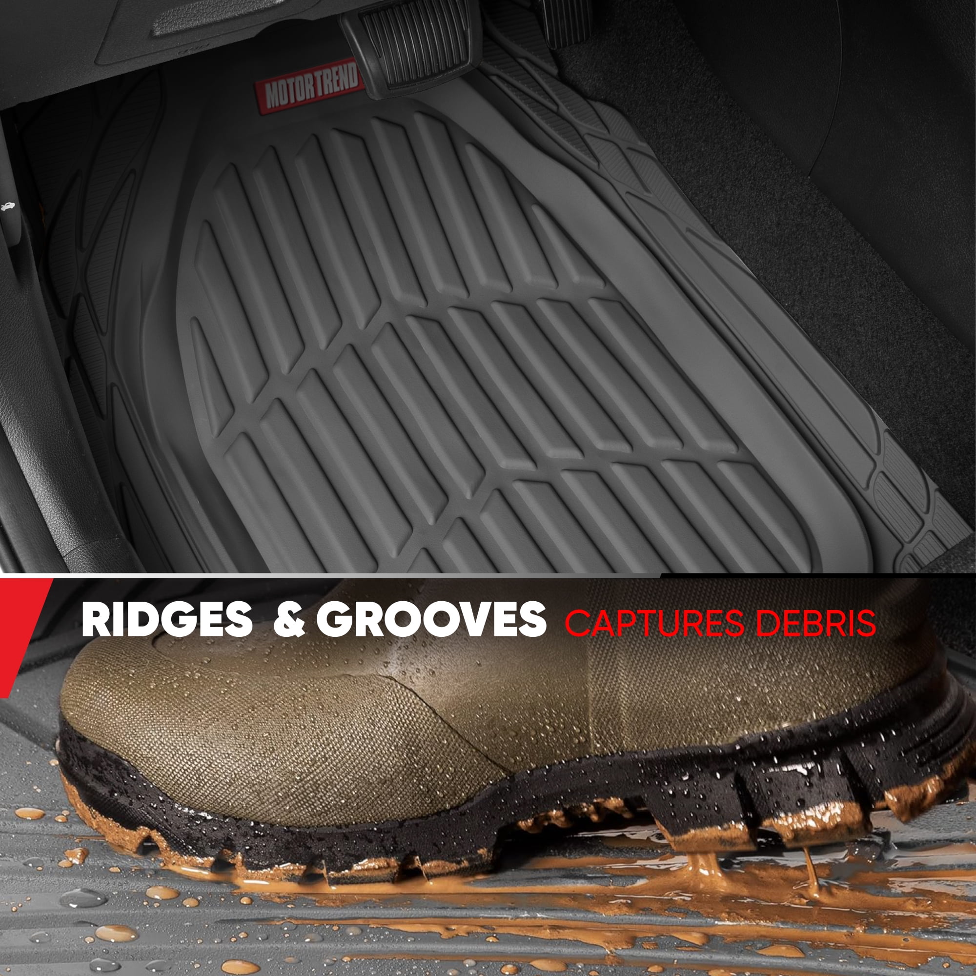 Motor Trend FlexTough Contour Liners Deep Dish 3 pc Rubber Floor Mats & Trimmable Trunk Liner Cargo Mat - Heavy Duty All Weather Protection Car Mats with Traction Grips Car Accessories (Gray)